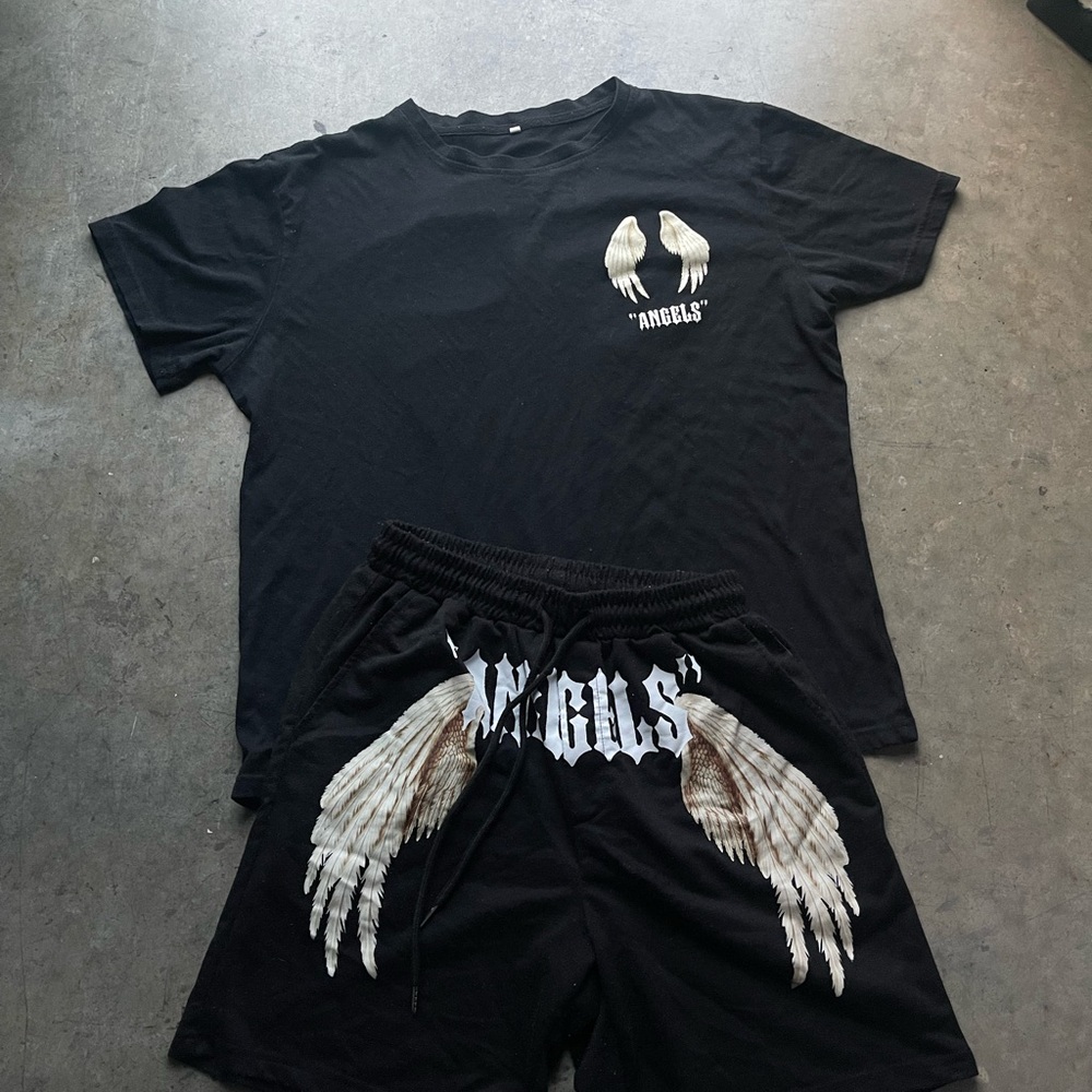 Palm Angels Black Winged T-Shirt and Shorts Set